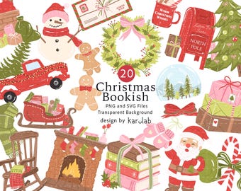 Christmas Bookish SVG PNG Bundle, Cozy Christmas Reading Clipart, Book Lover Holiday, Bookshop, Winter Aesthetic