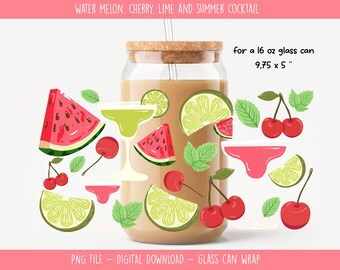 Summer Watermelon, Lime, Cherry and Cocktail Glass Can Wrap PNG, Hand Drawn Tumbler Design