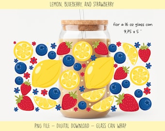 Fruit Glass Can PNG Wrap, Lemon Blueberry Strawberry Design (Digital Download)