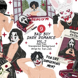 Puede incluir: Un conjunto de ilustraciones digitales titulado 9 BAD BOY DARK ROMANCE VOL.2 con varios personajes con pintura facial, máscaras y temas oscuros. Incluye un casco de moto, una máscara de conejo, cuchillos, rosas y texto como HE'S BAD NEWS.