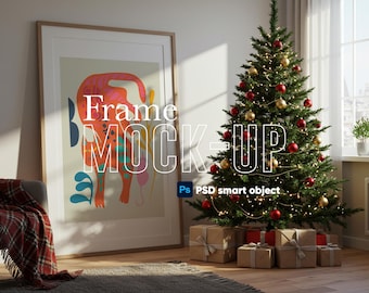 Christmas Tree Frame Mockup – Cozy Holiday Interior Scene – Poster Mockup PSD Smart Object + JPG for Canva, Procreate & Photoshop