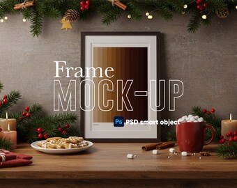 Christmas Frame Mockup, Single Frame Desk Mockup, Cozy Holiday Scene, PSD Smart Object, Poster Mockup, Warm Interior, Digital Download