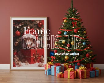 Christmas Frame Mockup PSD | Holiday Wall Art Mockup | Christmas Tree Interior | PSD Smart Object Mockup