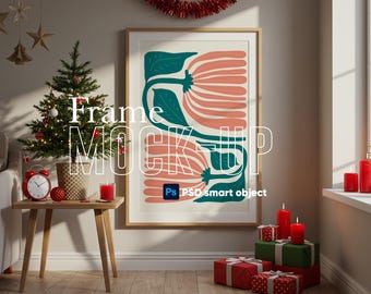 Christmas Wall Art Frame Mockup – Cozy Holiday Interior Scene – PSD Smart Object + JPG – Poster Mockup for Canva, Procreate & Photoshop