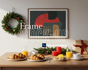 Christmas Frame Mockup, Holiday Poster Mockup, Wall Art Mockup, PSD Smart Object, Christmas Decor Scene, Minimal Frame JPG Mockup