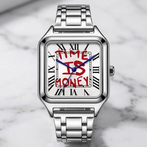 Peut inclure: Une montre-bracelet argentée avec un cadran carré et un bracelet argenté assorti. Le cadran est blanc avec des chiffres romains noirs et les mots "TIME IS MONEY" en rouge et bleu. La montre a des aiguilles bleues.