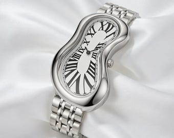 2 Salvador Dalí Melting Watch Surrealista al quarzo con numeri romani, cassa attorcigliata in acciaio inossidabile, regalo unico
