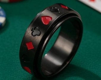 Black Poker Spinner Ring Stainless Steel - Anti Anxiety Fidget Ring Men Women - Gothic Jewelry Gift