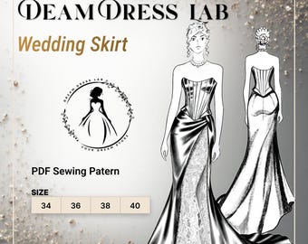 Mermaid Wedding Skirt Pattern: Advanced Sewing. Satin, Lace Detail. DDL-25-005-170(Sizes 34-40, Digital PDF A4/A0/36" roll plotter)