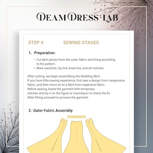 May include: A white page with the text "DEAM DRESS LAB" at the top. The page details sewing stages, including preparation and outer fabric assembly for a wedding skirt. Instructions include cutting fabric, marking lines, and basting the garment.