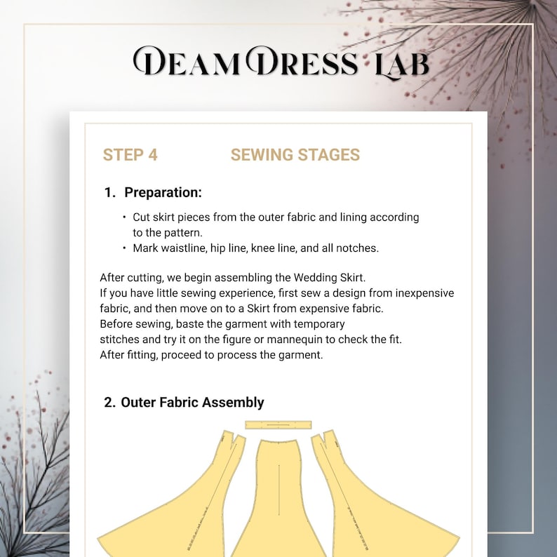 May include: A white page with the text "DEAM DRESS LAB" at the top. The page details sewing stages, including preparation and outer fabric assembly for a wedding skirt. Instructions include cutting fabric, marking lines, and basting the garment.