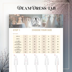 May include: A size chart from Deam Dress Lab, with measurements in inches and centimeters. The chart includes bust, waist, hip, and bicep circumference, as well as waist-to-hem measurements. The chart is for choosing a dress size.