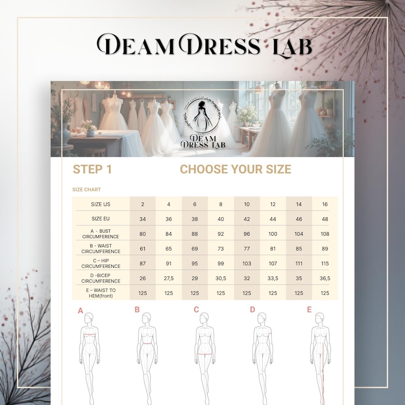 May include: A size chart from Deam Dress Lab, with measurements in inches and centimeters. The chart includes bust, waist, hip, and bicep circumference, as well as waist-to-hem measurements. The chart is for choosing a dress size.