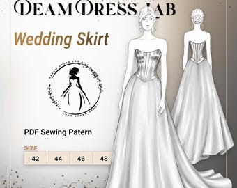 Wedding Skirt Sewing Pattern: Advanced. Satin, Mikado. A-Line Train. DDL-25-002-170(Sizes 42-48, Digital PDF A4/A0/36" roll plotter)