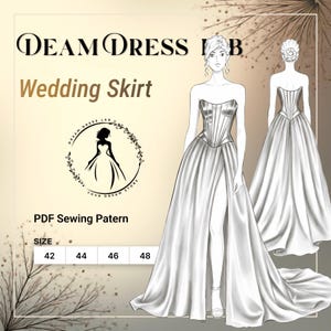 May include: Illustration of a wedding skirt design. The design features a strapless bodice and a flowing skirt with a high slit. The text "DEAM DRESS LAB" and "Wedding Skirt" are visible. Sizes 42, 44, 46, and 48 are listed.