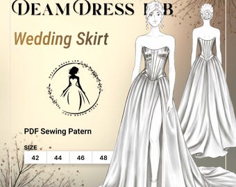 Wedding Skirt Pattern with slit: Mikado or Satin. Advanced Sewing. DDL-25-003-170 (Sizes 42-48, Digital PDF A4/A0/36" roll plotter)