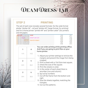 May include: A document from DEAM DRESS LAB with instructions for printing patterns. The document includes a table with file names, height, and size information. Instructions include adjusting printer settings, printing a test square, and assembling the printed sheets.