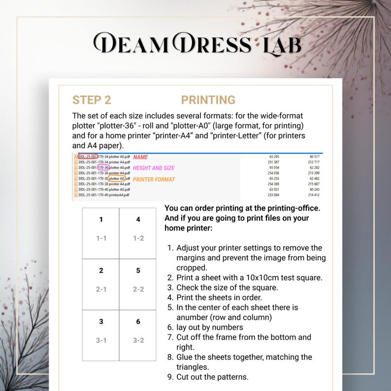 May include: A document from DEAM DRESS LAB with instructions for printing patterns. The document includes a table with file names, height, and size information. Instructions include adjusting printer settings, printing a test square, and assembling the printed sheets.