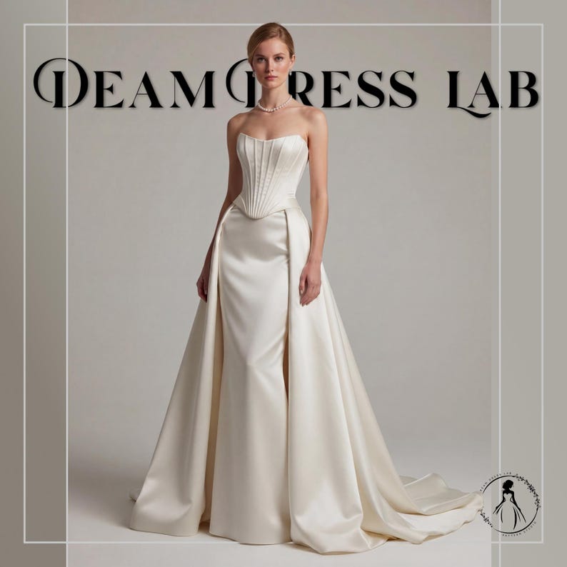 May include: A strapless ivory wedding gown with a fitted bodice and a flowing skirt. The bodice features vertical pleats, and the skirt has a dramatic train. The text "DREAM DRESS LAB" is displayed at the top.