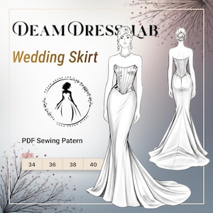 May include: An illustration of a wedding skirt design from Dream Dress Lab. The design features a strapless bodice and a flowing skirt with a train. The text "Wedding Skirt" and "PDF Sewing Pattern" are also visible.