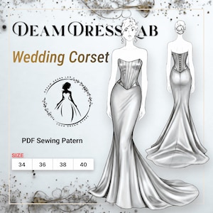 Könnte beinhalten: Illustration eines Hochzeitskorsett-Designs. Das Design zeigt ein trägerloses Oberteil und einen fließenden Rock. Der Text "DEAM DRESS LAB" und "Wedding Corset" sind zu sehen. Größen 34, 36, 38 und 40 sind aufgeführt.
