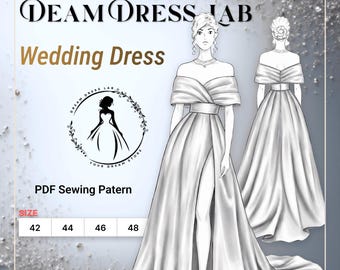Wedding Gown Sewing Pattern: Off-Shoulder Mikado/Satin. Slit Skirt. DDL-26-001-170 (Sizes 42-48, Digital PDF A4/A0/36" roll plotter)
