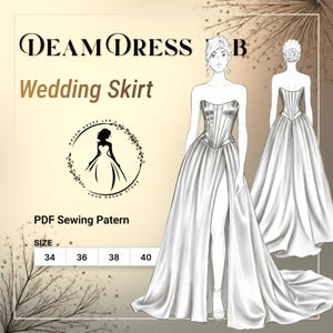 May include: Illustration of a wedding skirt design. The design features a strapless bodice and a flowing skirt with a high slit. The text "DEAM DRESS LAB" and "Wedding Skirt" are displayed. Sizes 34, 36, 38, and 40 are listed.