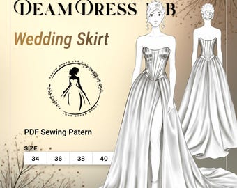 Wedding Skirt Pattern with slit: Mikado or Satin. Advanced Sewing. DDL-25-003-170 (Sizes 34-40, Digital PDF A4/A0/36" roll plotter)