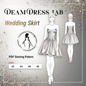Może przedstawiać: Ilustracja projektu spódnicy ślubnej z Dream Dress Lab. Projekt przedstawia gorset bez ramiączek i krótką, rozkloszowaną spódnicę. Obraz zawiera tekst "Wedding Skirt" oraz rozmiary 42, 44, 46 i 48.