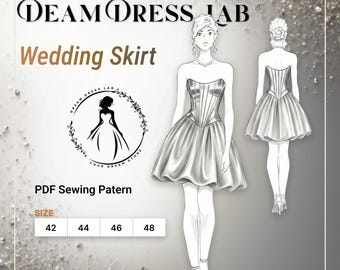 Wedding Bubble Skirt Pattern: Mikado or Satin. Advanced Sewing. DDL-25-004-170 (Sizes 42-48, Digital PDF A4/A0/36" roll plotter)