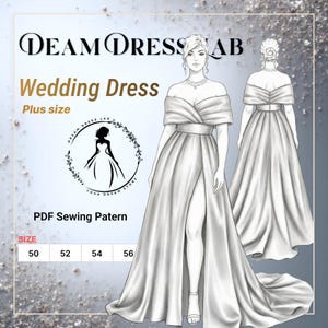 Naaipatroon trouwjurk: off-shoulder. Rok met split. Grote maat. DDL-26-001-170 (formaten 50-56, digitale pdf A4/A0/36" rolplotter)
