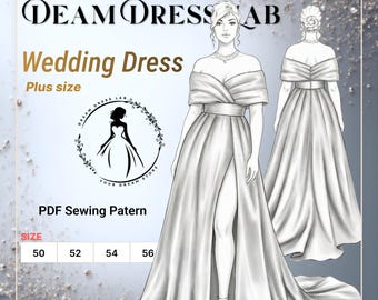 Wedding Gown Sewing Pattern: Off-Shoulder. Slit Skirt. Plus Size. DDL-26-001-170 (Sizes 50-56, Digital PDF A4/A0/36" roll plotter)