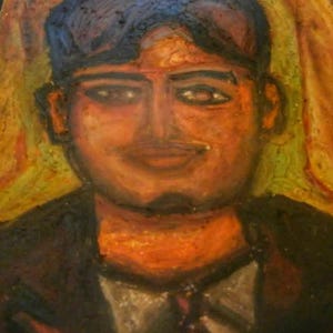 May include: An oil painting portrait of a man with dark hair, a mustache, and a goatee. The man is wearing a dark suit with a white collared shirt and a patterned tie. The background has yellow and orange hues.