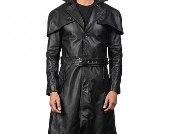 Abrigo largo de cuero genuino para hombre - Abrigo Steampunk de cuero negro - Gabardina larga gótica para cosplay de Halloween, regalo para él