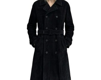 Dames Trenchcoat zwart suède - double-breasted lange overjas - herfst, herfst, winterkleding - casual feest cocktail - cadeau voor haar
