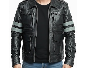 Mens Black Resident Real Evil Leather Jacket - RE 6 Gaming Leon Black Scott Motorcycle Real Leather Cosplay Jacket - Striped Moto Jacket