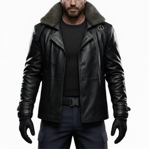 May include: Black leather jacket with a double-breasted design, featuring a gray fur collar and black gloves. The jacket has a belt and buckle closure. The sleeves have a strap and buckle detail. The model is wearing a black shirt and dark blue pants.
