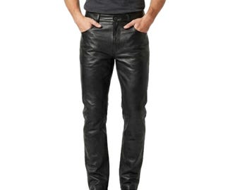 Svarta herrbyxor i äkta läder - Vintage 5-ficks jeans - Snygga motorcykelbyxor, slim fit (storlek 32)