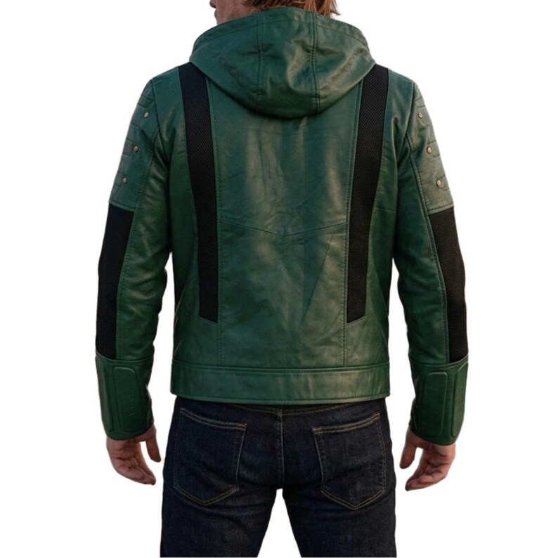 Herrjacka i äkta läder med grön pil - Vintage-modell med dragkedja framtill - Snygg jacka med superhjälte-cosplay och huva (storlek 2XL) bild 2