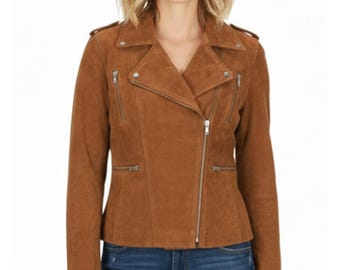 Women's Tan Brown Suede Leather Biker Jacket - Classic Biker Motorcycle Style Jacket - Slim Fit Suede Jacket For Women Gift For Her