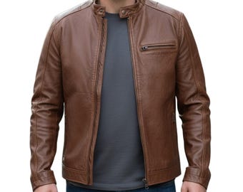 Mens Brown Real Leather Jacket - Classic Cafe Racer Style Jacket - Brown Leather Motorcycle Jacket For Men Gift For Him