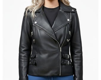 Svart läderbikerjacka för kvinnor - Klassisk motorcykeljacka i äkta läder - Slim fit motojacka för kvinnor, present till henne
