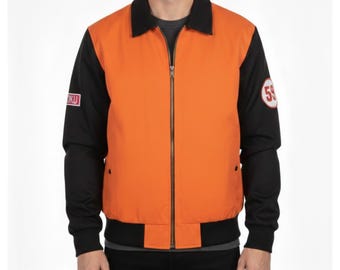 May include: Orange and black zip-up jacket with a black collar and cuffs. The jacket features a "59" patch on the sleeve and a small "OKU" patch on the other sleeve. The jacket is a bomber style.