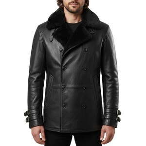 May include: Black leather double-breasted coat with a shearling collar. The coat has two rows of buttons, two front pockets, and adjustable straps on the cuffs. A classic outerwear piece.