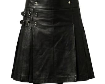 Herrkilt i svart läder - Vintage skotsk gladiatorstil - Snygg kilt med kraftiga spännen och remmar (storlek 38)