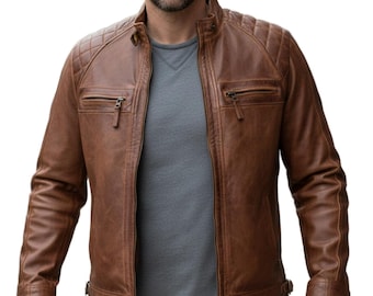 Chaqueta de cuero marrón para motociclista Cafe Racer para hombre - Chaqueta vintage marrón acolchada y desgastada - Chaqueta clásica de motociclista para hombre - Regalo para él
