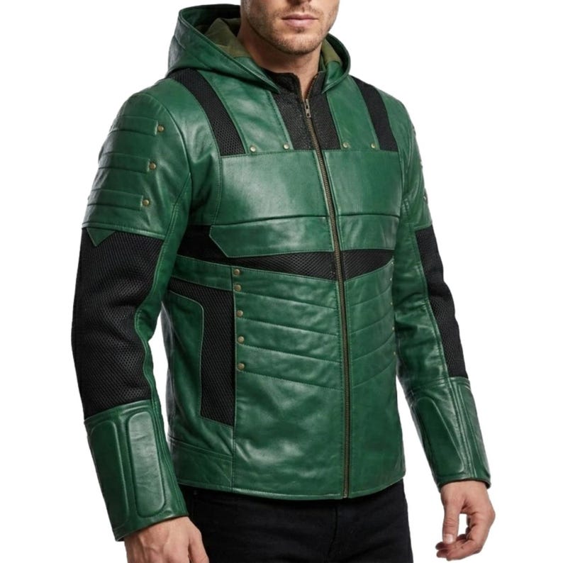 Herrjacka i äkta läder med grön pil - Vintage-modell med dragkedja framtill - Snygg jacka med superhjälte-cosplay och huva (storlek 2XL) bild 1