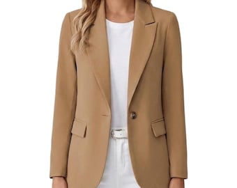 Women's Minimalist Stylish Wool Blazer - Classic Single Button Coat For Women - Handmade  Camel Wool Casual Outerwear Coat - Gift For Her