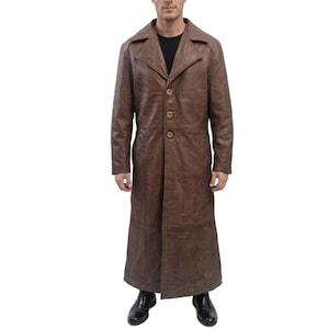 Men's Brown Real Leather Trench Coat - Vintage Button Front Style - Gothic Long Jacket Stylish (Size XL)