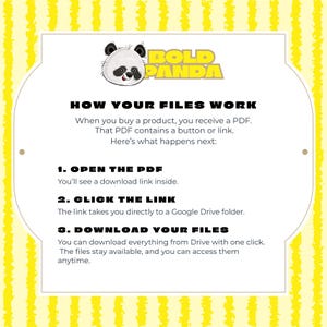 May include: A yellow and white graphic with a panda logo and the text "BOLD PANDA." The text explains how digital files work after purchase: open PDF, click link, and download files. The background has a yellow striped pattern.